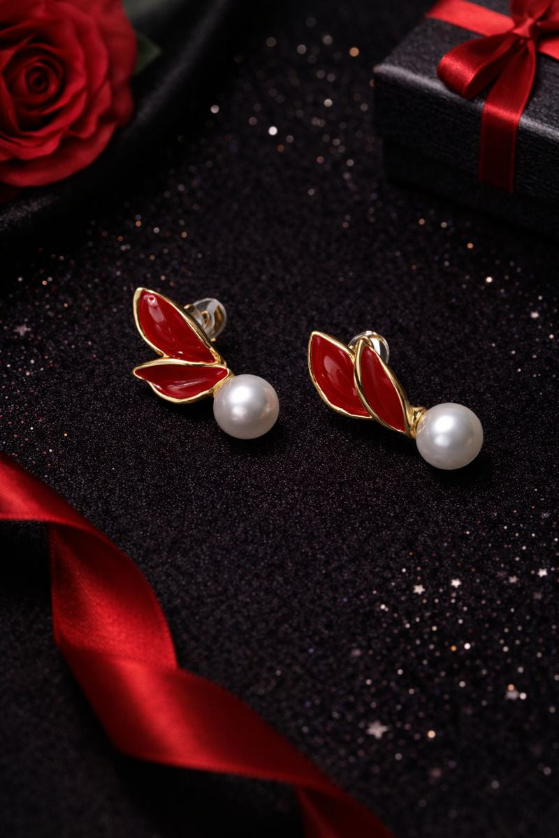 Red Leaf Pearl Drop Earrings