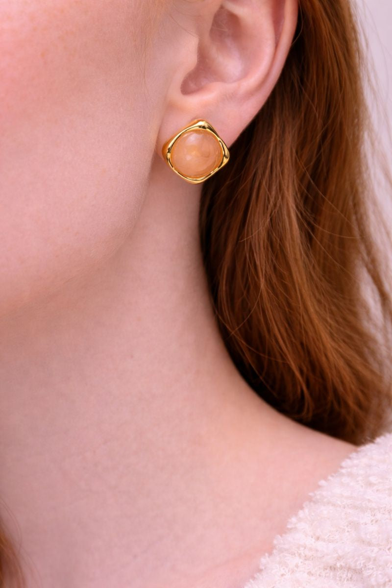 Peach Stone Gold Stud Earrings