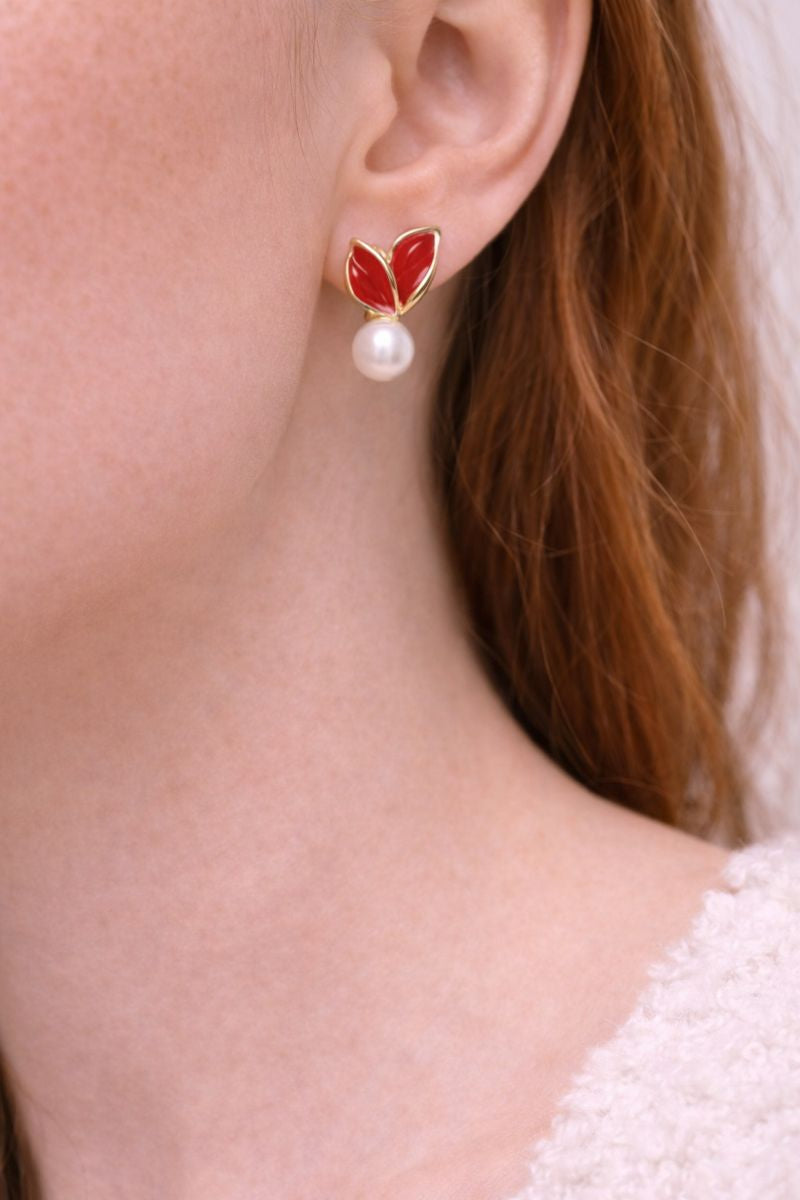 Red Leaf Pearl Drop Earrings