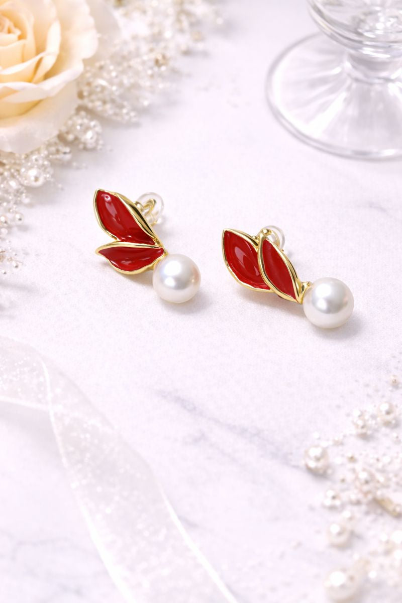 Red Leaf Pearl Drop Earrings