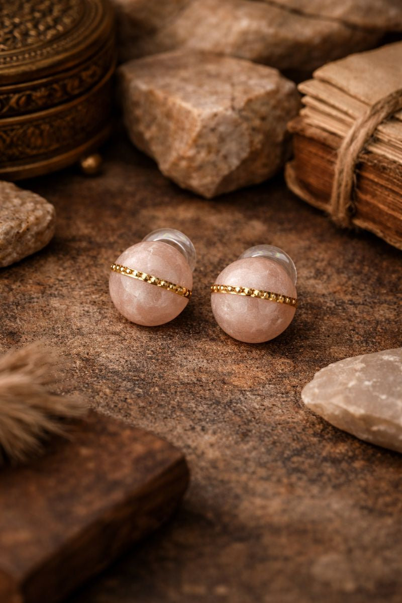 Peach Stone Gold Band Stud Earrings