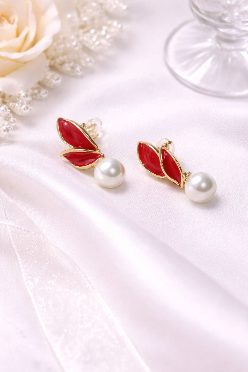 Red Leaf Pearl Drop Earrings